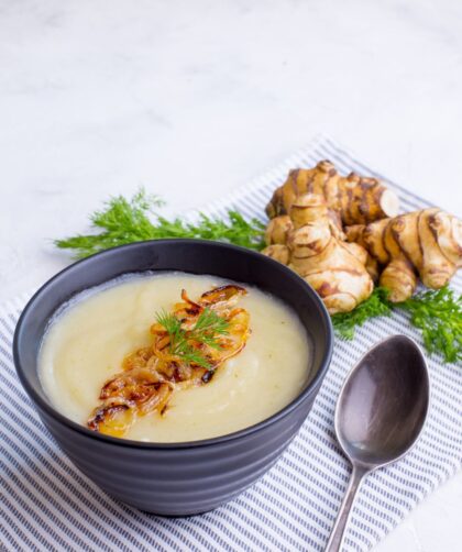 Jamie Oliver Jerusalem Artichoke Soup Add the Jerusalem artichokes, water, and salt and bring to a boil. Decrease the heat, cover, and simmer until the artichokes are tender about 30 minutes. Remove from the heat and let cool. Transfer the mixture to a blender and process until smooth. Taste and adjust the seasonings if necessary. Gently reheat before serving. To crisp the sage leaves, heat the olive oil in a small sauté pan over medium heat. Add the sage leaves and sauté until just crisp, about 2 minutes. Drain on paper towels. Garnish each serving with a couple of the sage leaves