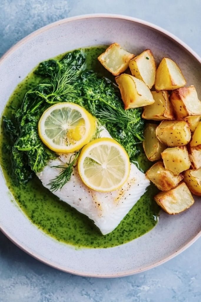 Jamie Oliver Lemon Fish, Spuds & Spinach Sauce