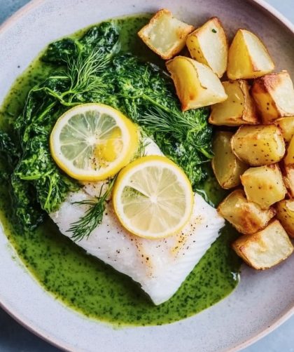 Jamie Oliver Lemon Fish, Spuds & Spinach Sauce