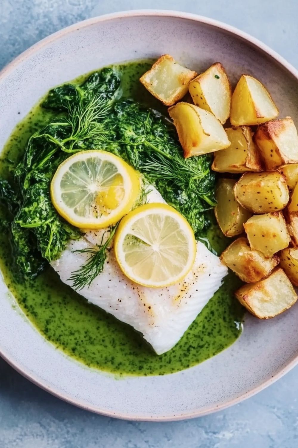 Jamie Oliver Lemon Fish, Spuds & Spinach Sauce