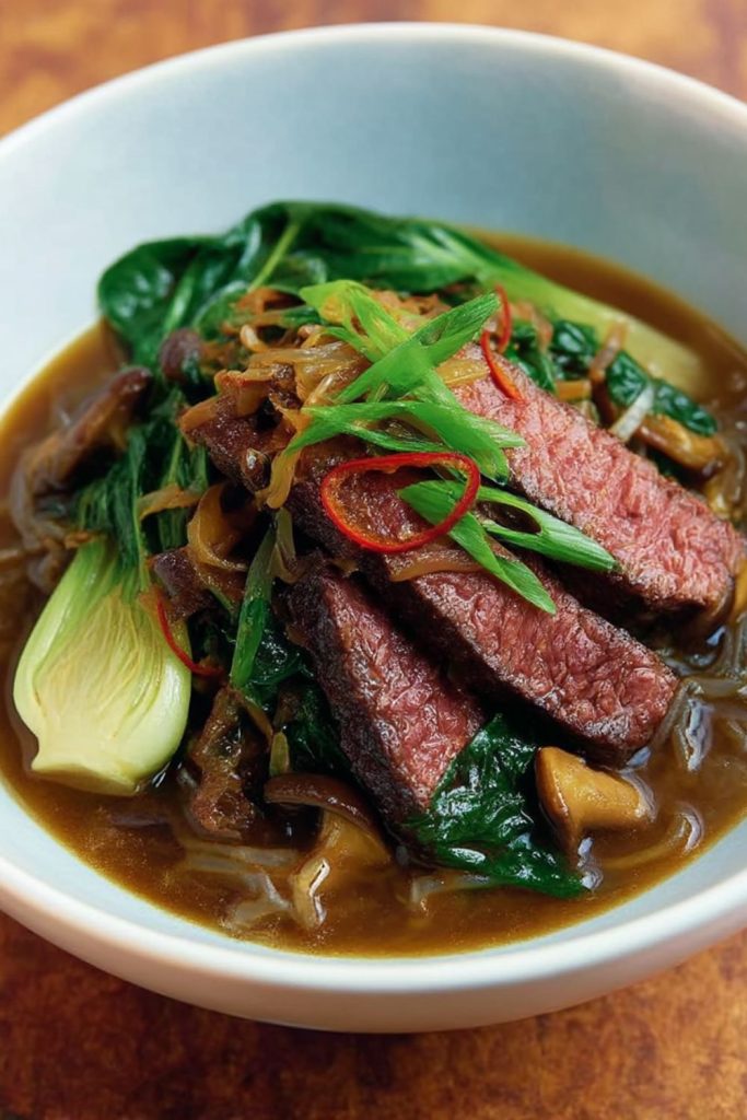 Beef with Pak Choi, Mushrooms and Noodles Recipe