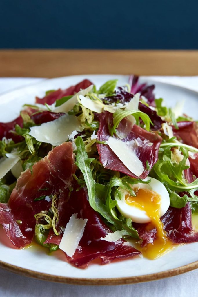 Delicate Egg Ribbons with Bresaola, Crispy Fennel & Spring Leaves Recipe
