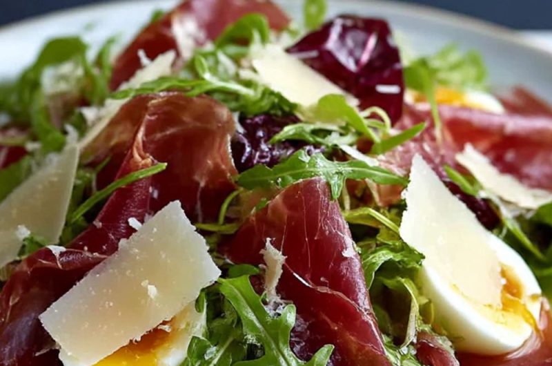 Delicate Egg Ribbons with Bresaola, Crispy Fennel & Spring Leaves Recipe