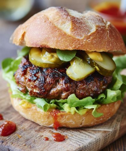 Elvis Burger with Chopped Salad and Pickled Gherkin Recipe
