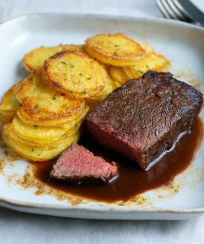 Marinated and Pot-Roasted Beef Fillet with Potato and Horseradish Cake Recipe