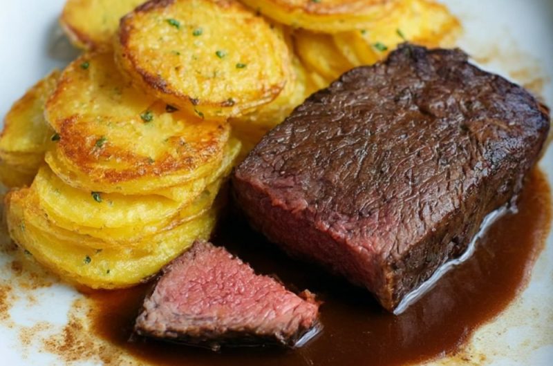 Marinated and Pot-Roasted Beef Fillet with Potato and Horseradish Cake Recipe