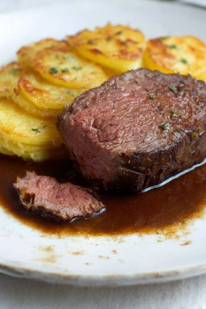 Marinated and Pot-Roasted Beef Fillet with Potato and Horseradish Cake Recipe