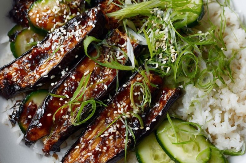 Miso-grilled Aubergine & Cucumber Pickle Rice Bowl Recipe