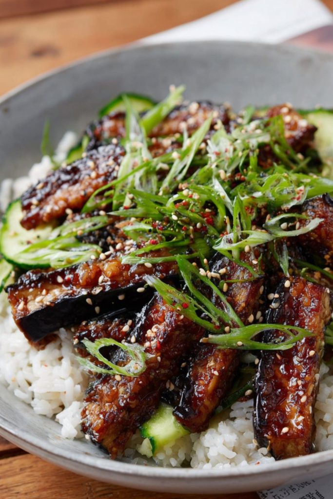Miso-grilled Aubergine & Cucumber Pickle Rice Bowl Recipe