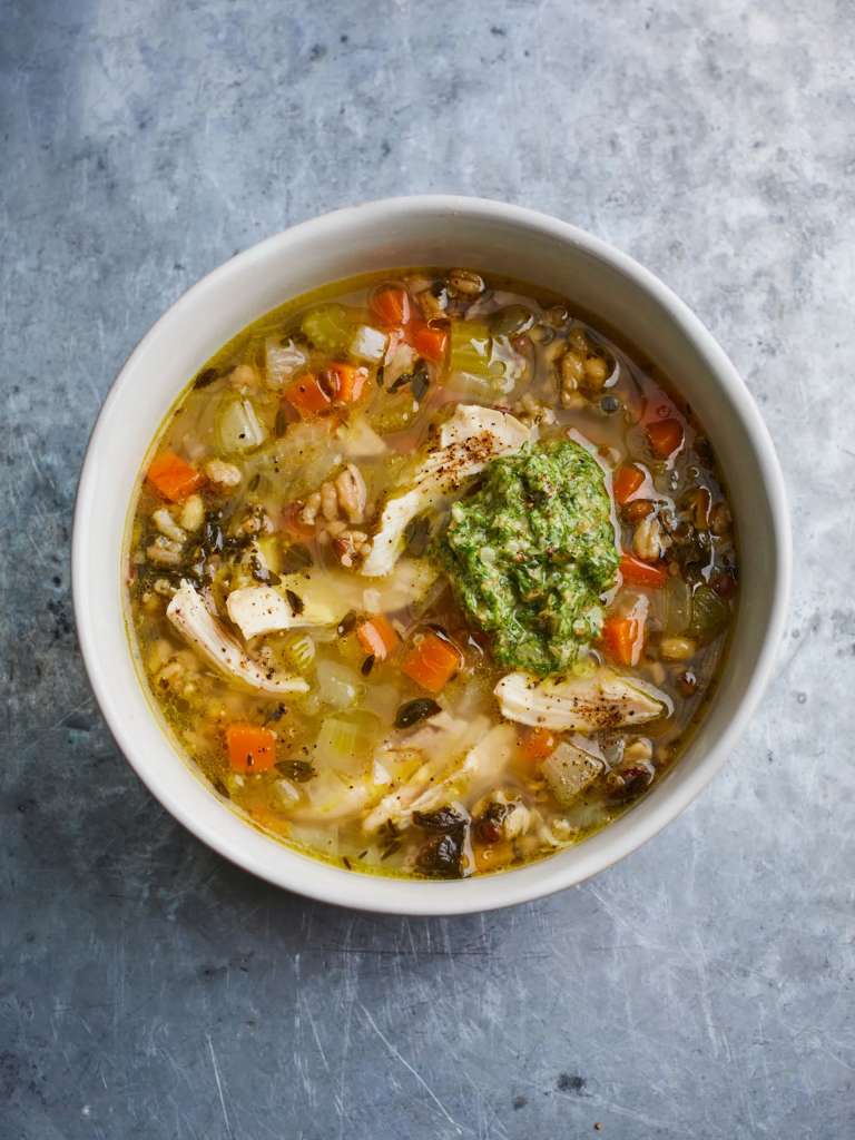 Leftover chicken broth with grains